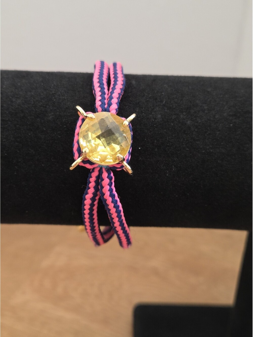 Premier Designs Pink Navy Cord Bracelet Yellow Faceted Stone Gold Tone
